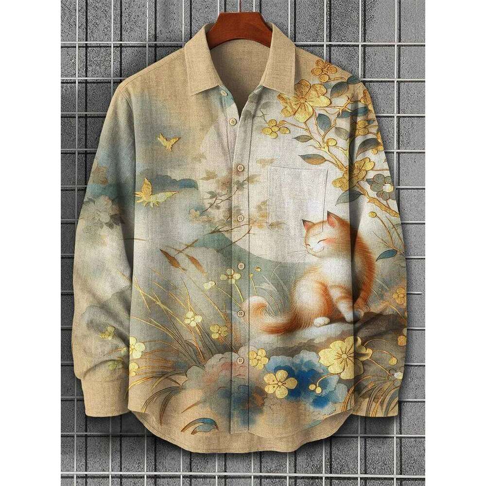 New men's linen casual shirt 3D animal print long sleeved fashionable and comfortable top