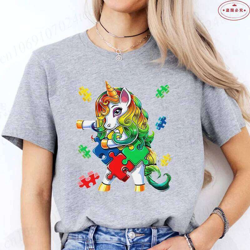 Autism T-Shirt for Women Clothing Summer O Neck Short Sleeve Tees Shirt Awareness Month Unicorn Graphic Y2k Tops Z260312