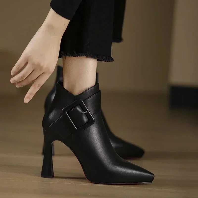 Womens Elegant High Heels Ankle Boots 2025 Spring Belt Buckle Pu Leather Short Boots Woman Plus Size 43 Thin Heeled Party Shoes S260312