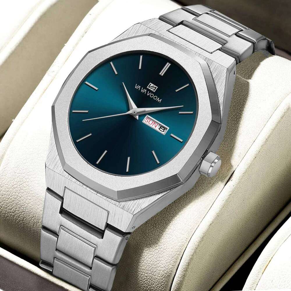 Blue Gold Stainless Steel Octagonal Fashion Business Style Double Calendar Quartz Movement Sports Watch for Men