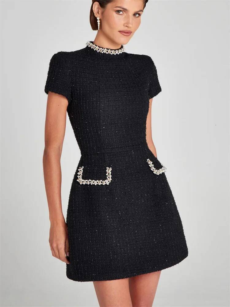 Tosssy Shiny Elegant Female MIni Pocket Short Sleeve Patchwork Fashion Slim Party Gown Women's Glitter Vntage Dress