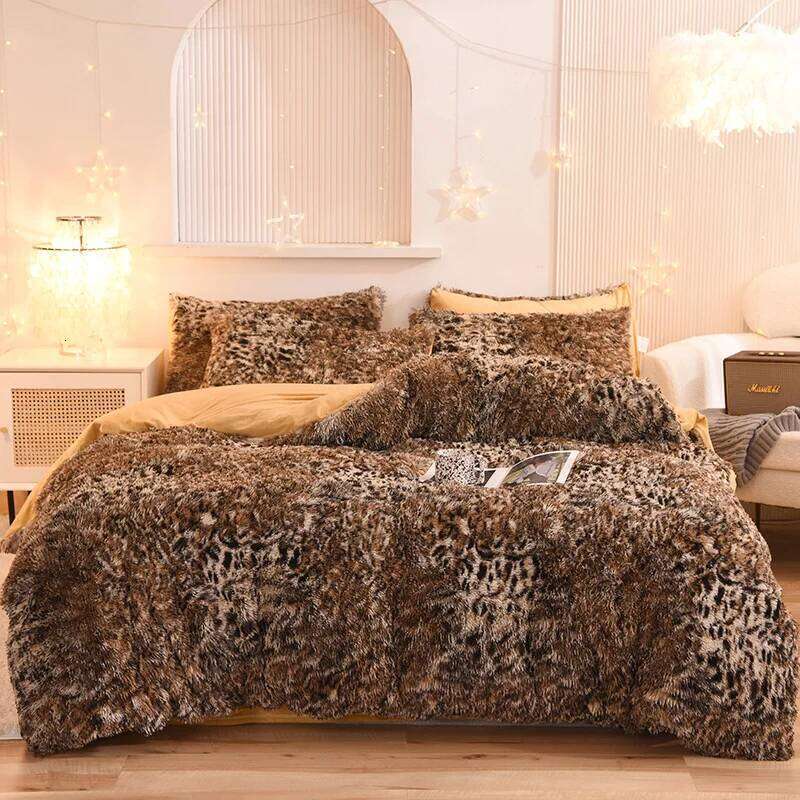 3pcs Luxurious Leopard Print Faux Fur Plush Duvet Cover Set Ultra-Soft, Warm, and Fluffy Shaggy Design with Zipper Closure - I H260312