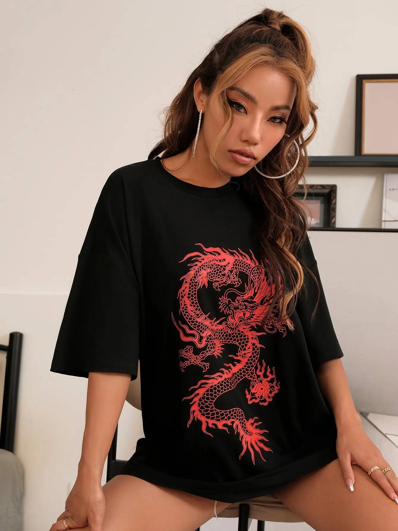 Chinese Red Dragon Pattern Printed T-Shirts Women Fashion Street Short Sleeve Summer Oversize 100% Cotton T Shirt Loose Tees Top ddmythur
