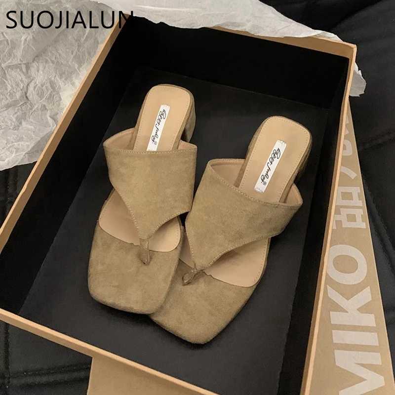 SUOJIALUN 2024 Summer New Women Slipper Fashion Med Square Heel Outdoor Slides Shoes Ladies Casual Vaction Flip Flops Sand K260312