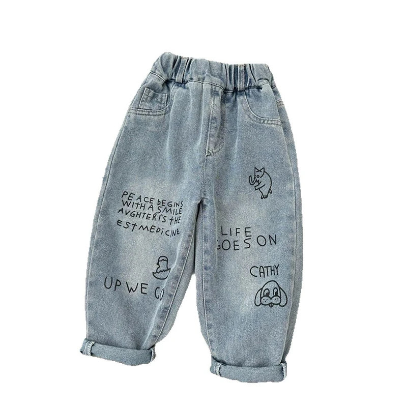 16Y Spring and Autumn Kids Jeans Boys Cartoon Print Denim Pants Girls Casual Trousers Childrens Clothing 260311