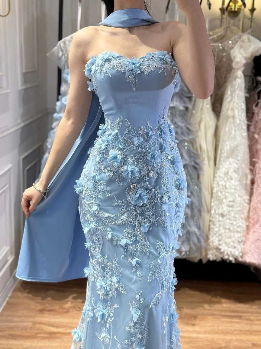 Princess 3D Flowers Evening Dresses Strapless Sleeveless Mermaid Prom Gowns Special Occasion Party Customized