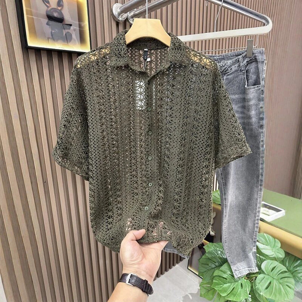 Mens Knitted Hollow Short-Sleeved Shirt American Retro Fashion Trend Simple Loose Breathable Vacation Summer Mens Tops 260311