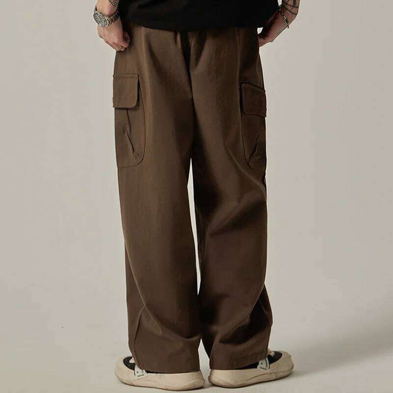 Men's Sweatpants 2025 Spring Autumn Vintage Japanese Wide Leg Straight Loose Button Big Pockets Cargo Pants Drawstring Trousers