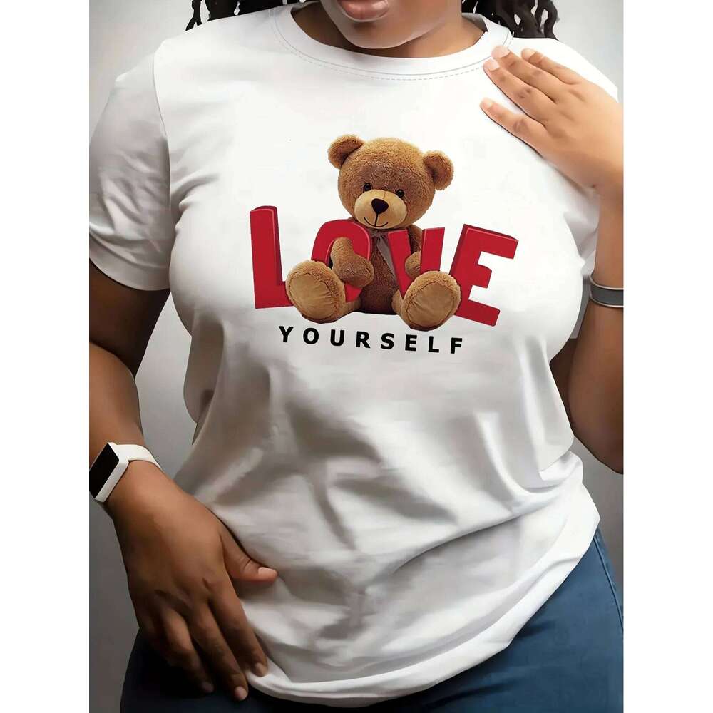 Trendy Adorable Bear and Love Designsprinted with Round Neck for Summer Women's Short Sleeve Tops Fashion Clothing Z260312