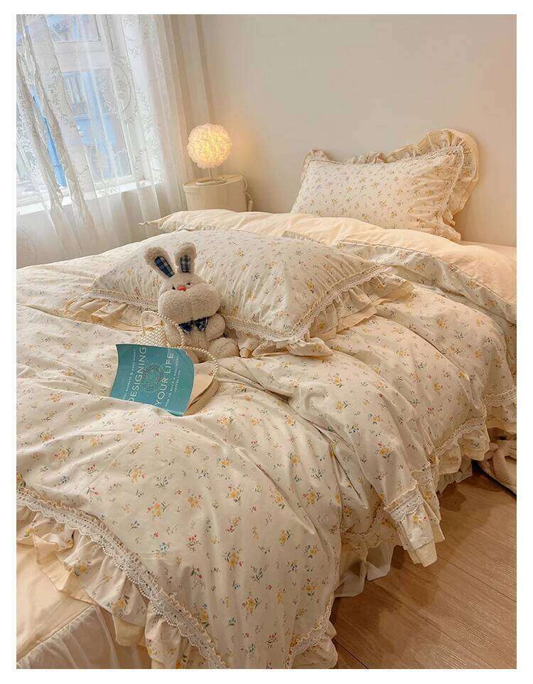 4Pcs Princess Style 100% Cotton 2025 New Girly Heart Lace Bedding Sheet Hat Bed Skirt Duvet Cover 200x230 Four Seasons H260312