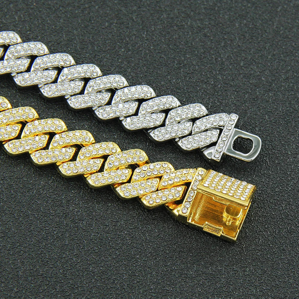 14mm Hip Hop Cuban Link Chain For Men Silver Color Iced Out Rhinestone Miami Necklace Choker for Women with Neck Chain Jewelry 260304