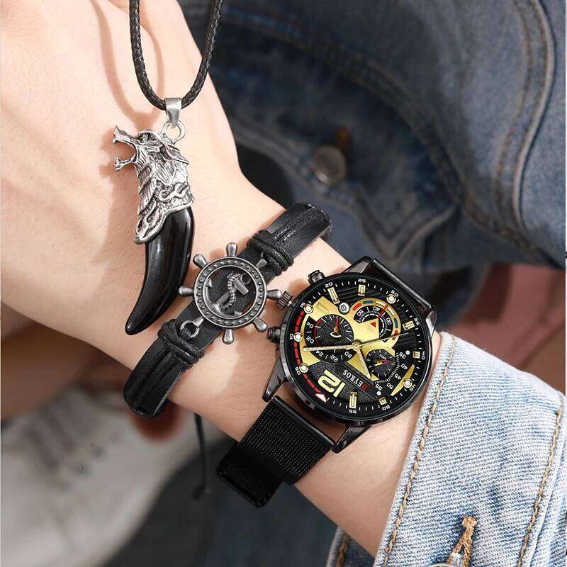 3PCS Set Luxury Fashion Mens Watches Men Business Quartz Watch Male Casual Necklace Bracelet Wristwatch