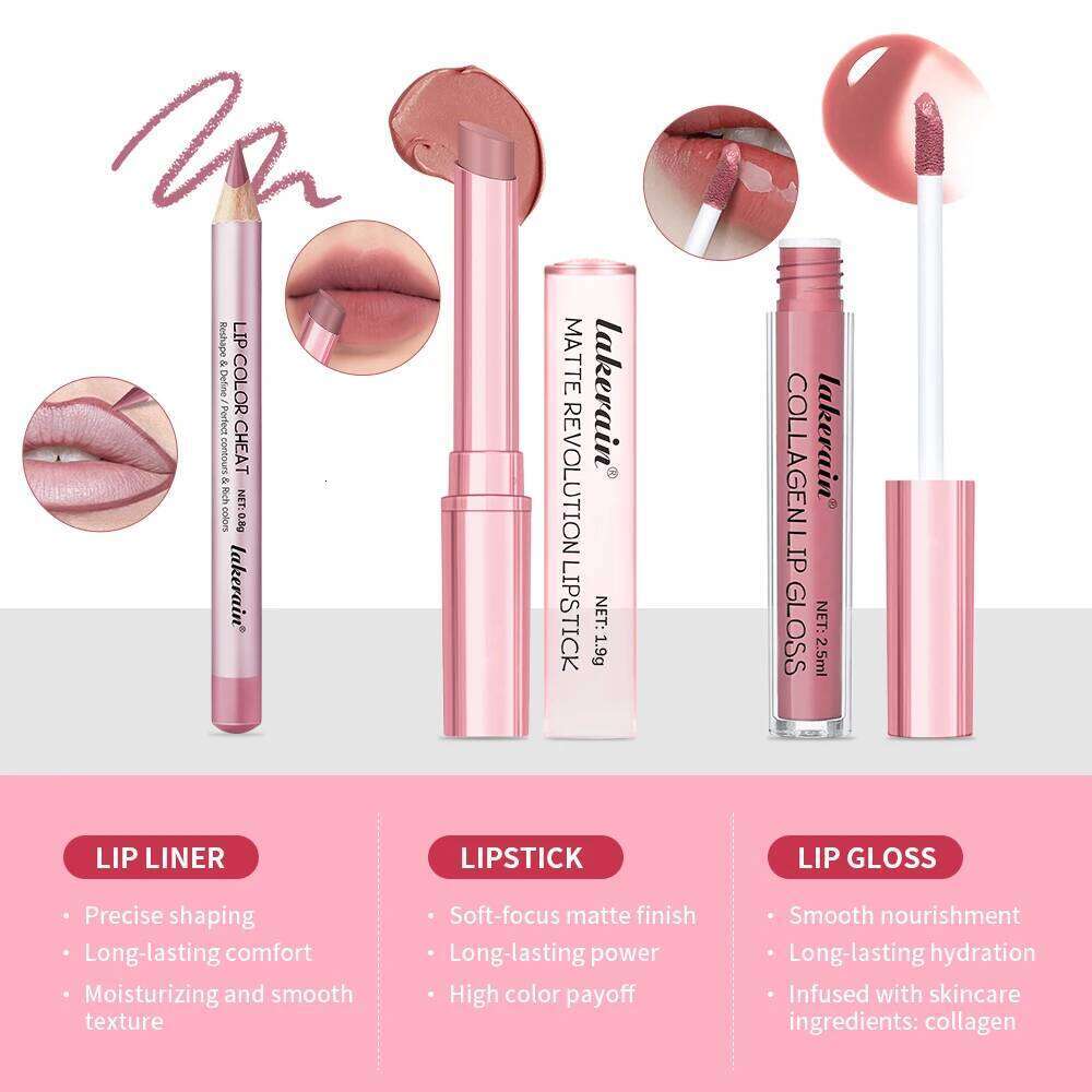 3pcs Makeup Liner Lip Gloss Lipstick Mirror Effect Beep Lips High Color Long-lasting Hydrates Travel Mini Set W260311