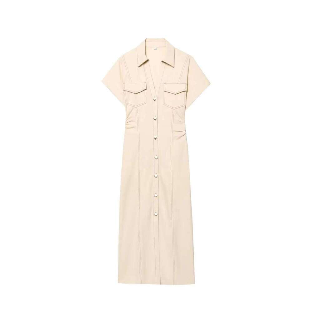 ETJ 2025 summer new women's elegant fashion waist pleated V-neck short-sleeved temperament denim MIDI dress C260312