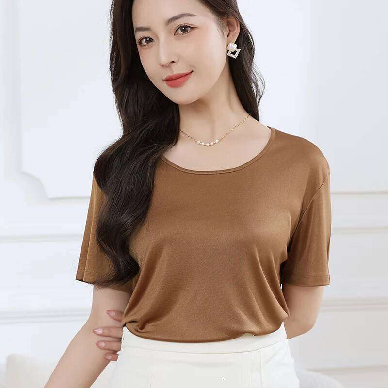 Summer High-End Women's Short Sleeve T-Shirt Acetate Fabric Knitted European Style Thin Hot Selling Top For Ladies MAKOUFEI