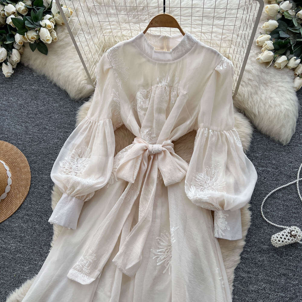 French elegant women's dress a20 autumn series high-end tie waist lantern sleeves exquisite embroidery big hem