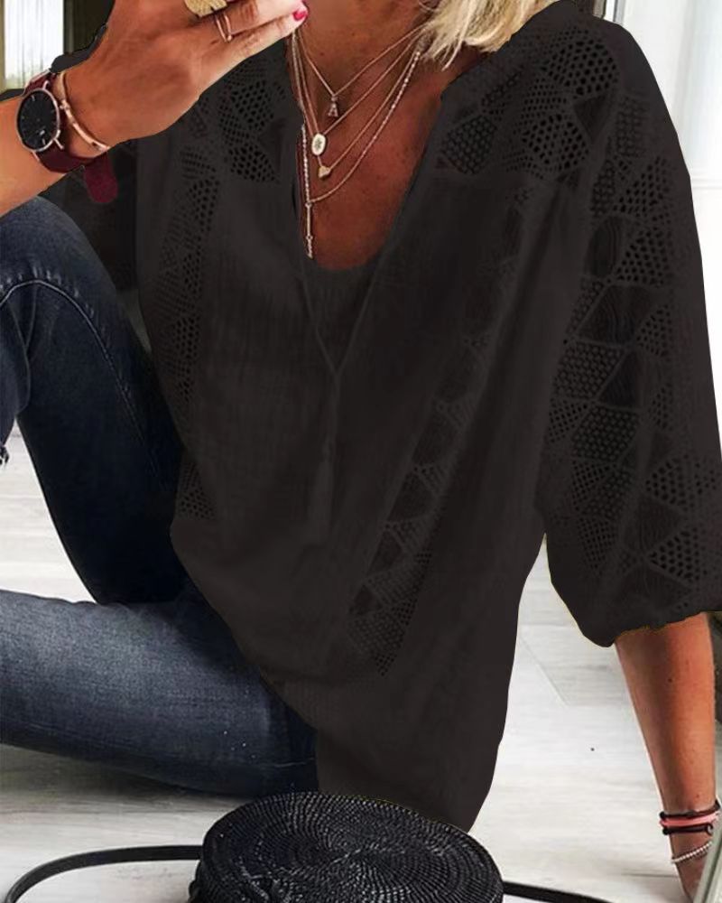 Women's Hollow Out V-Neck Short Sleeve Cotton White Shirt Loose Stitching Lace Blouse Casual Tops Summer Fashion