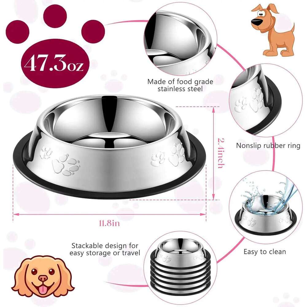 Stainless Steel Dog Cat Food Bowl Pets Quality Metal Pawprint Feeder Non-slip Pet Feeding Container with Rubber Base Accessories 26Y0312