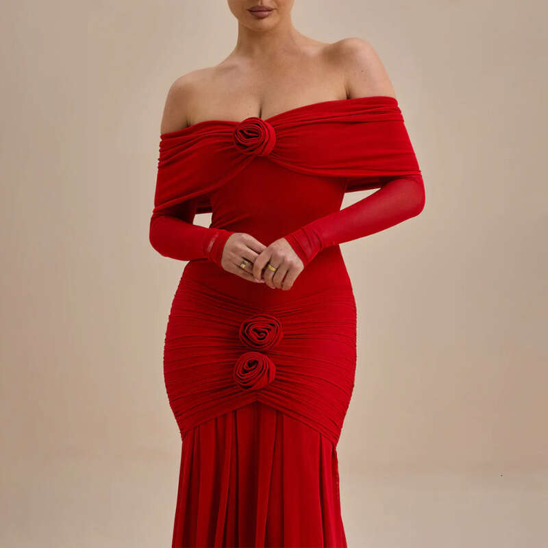 European and American foreign trade women's clothing 2025 autumn new fashion elegant solid color pleated slim-fit long-sleeve off-shoulder dress