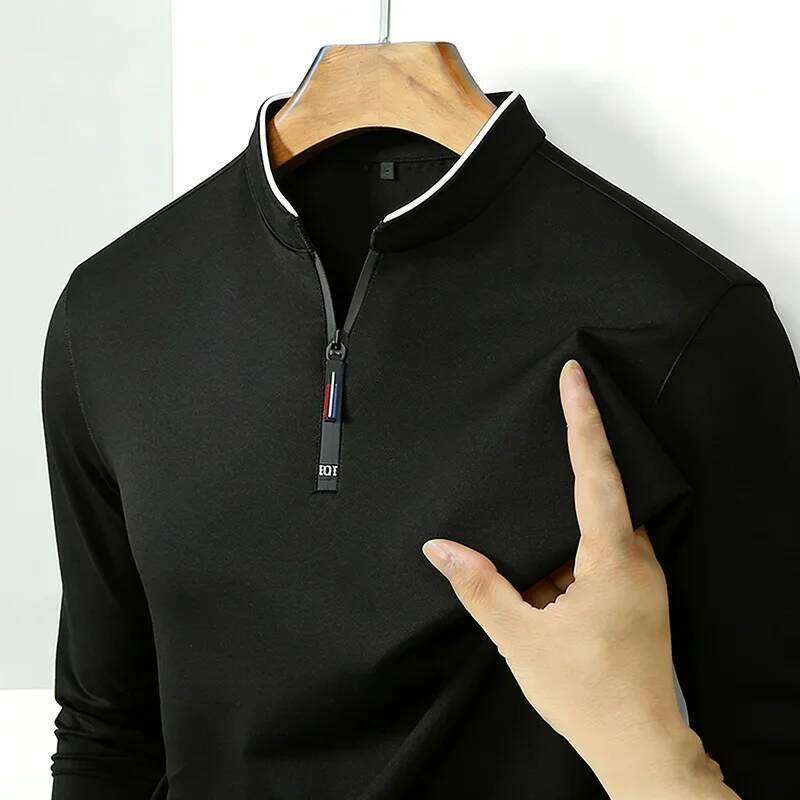 High-Quality Men's Half-Zip T-Shirt Wrinkle-Resistant Long Sleeve Casual Business Top