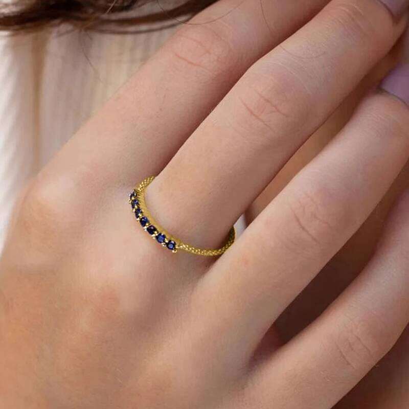 Huitan Thin Band Blue Cubic Zircon Women Rings Gold Color Chic Finger Accessories Daily Wear Fashion Versatile Jewelry Drop Ship H260312