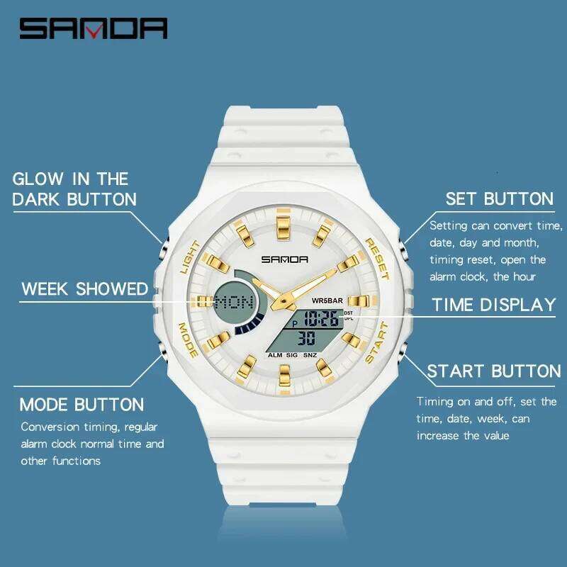 SANDA 6016 LED Dual Display Digital Mens Wristwatches Waterproof Military Luxury Sport Quartz Watch for Men Shockproof Countdown