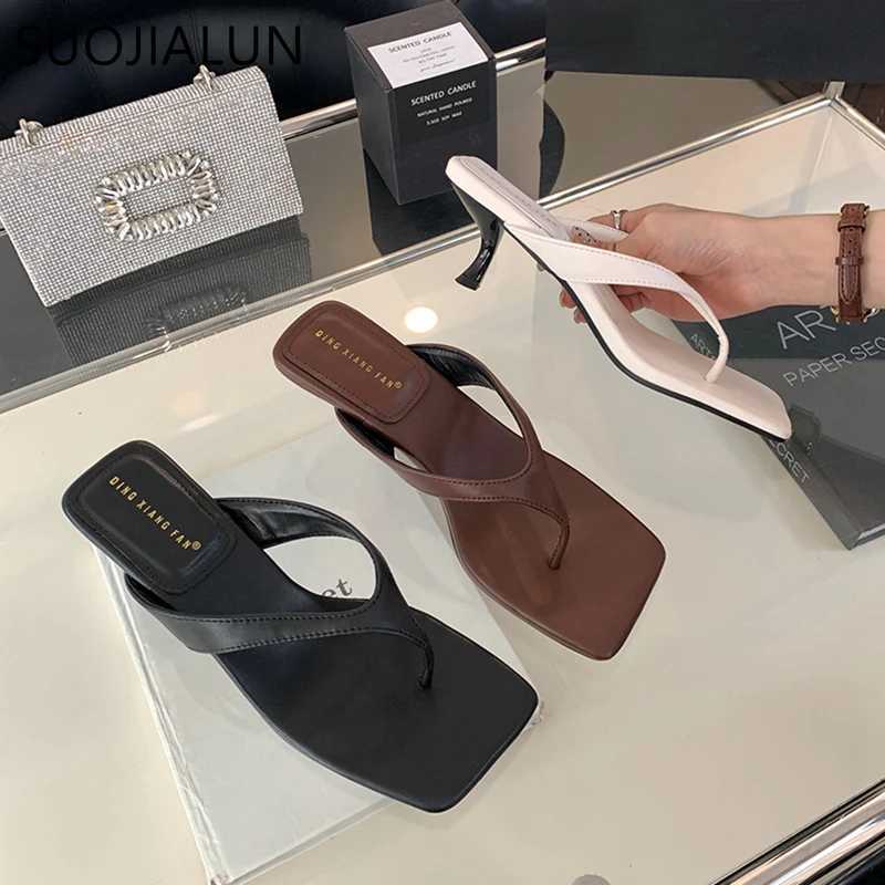 SUOJIALUN 2024 Summer New Women Slipper Fashion Narrow Band Ladies Thin High Heel Outdoor Dress Sandal Elegant Dress Flip Flops K260312