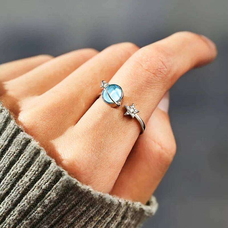 Huitan Blue Planet and Silver Color Star for Women Uniquely Designed Creative Opening Rings Fancy Cute Party Jewelry Gift H260312