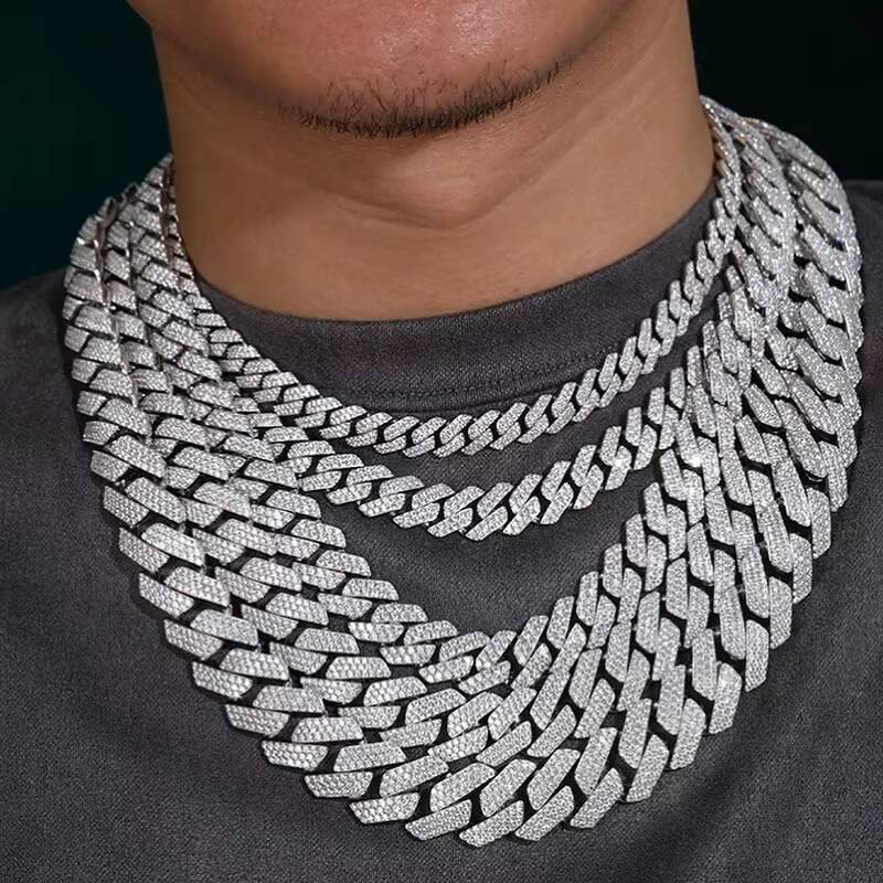 Mens 8mm Silver Moissanite Cuban Link Chain Necklace with Flap Clasp Design Fine Jewelry Bracelet