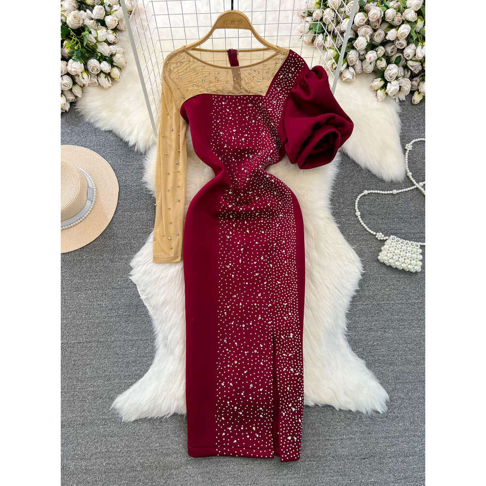 Designer high-end evening gown a20 elegant and exquisite mesh inlaid round neck waist with slit and tight design