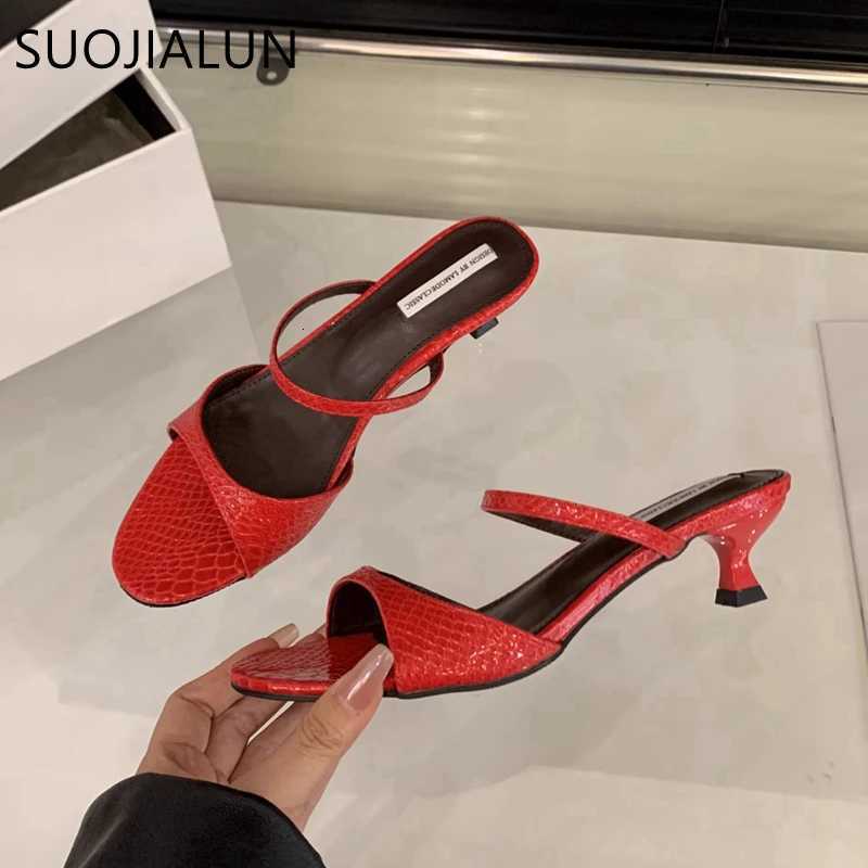 SUOJIALUN 2025 Summer New Women Slipper Fashion Shallow Slip On Open Toe Ladies Slides Thin Low Heel Dress Pumps Shoes K260312
