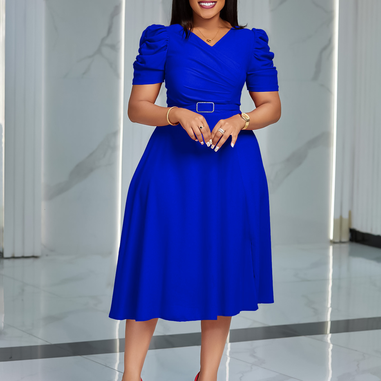 D490 Womens Summer New Fashion Elegant V-neck Pleated Flared Dress