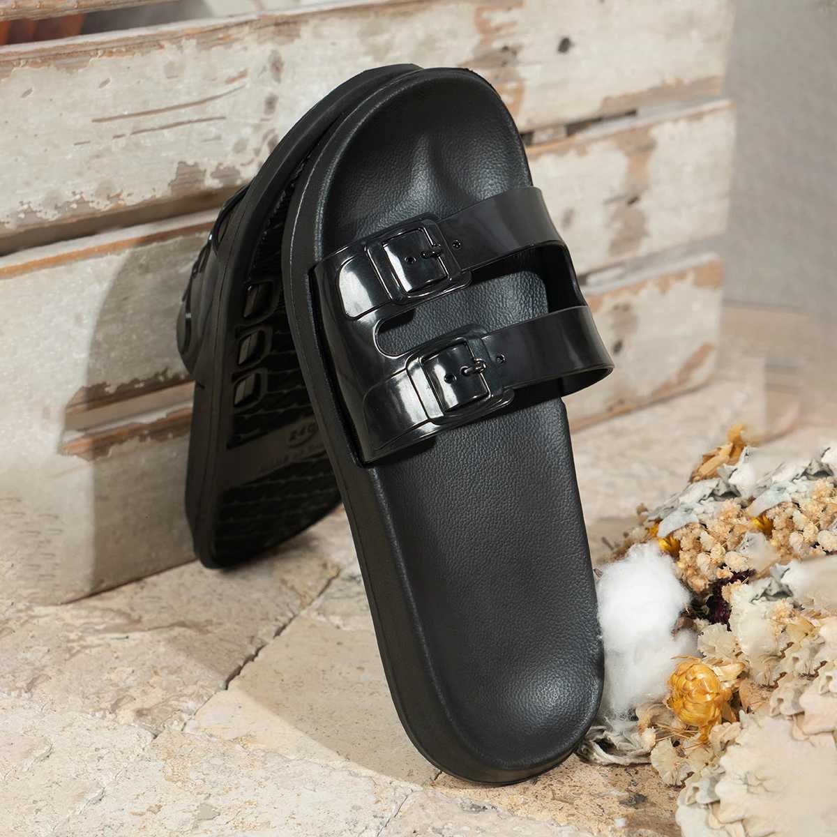 Women Summer Double Strap round Head Flat Sandals Slippers for Home Indoor Wear Comfortable Slip-On Slippers K260312
