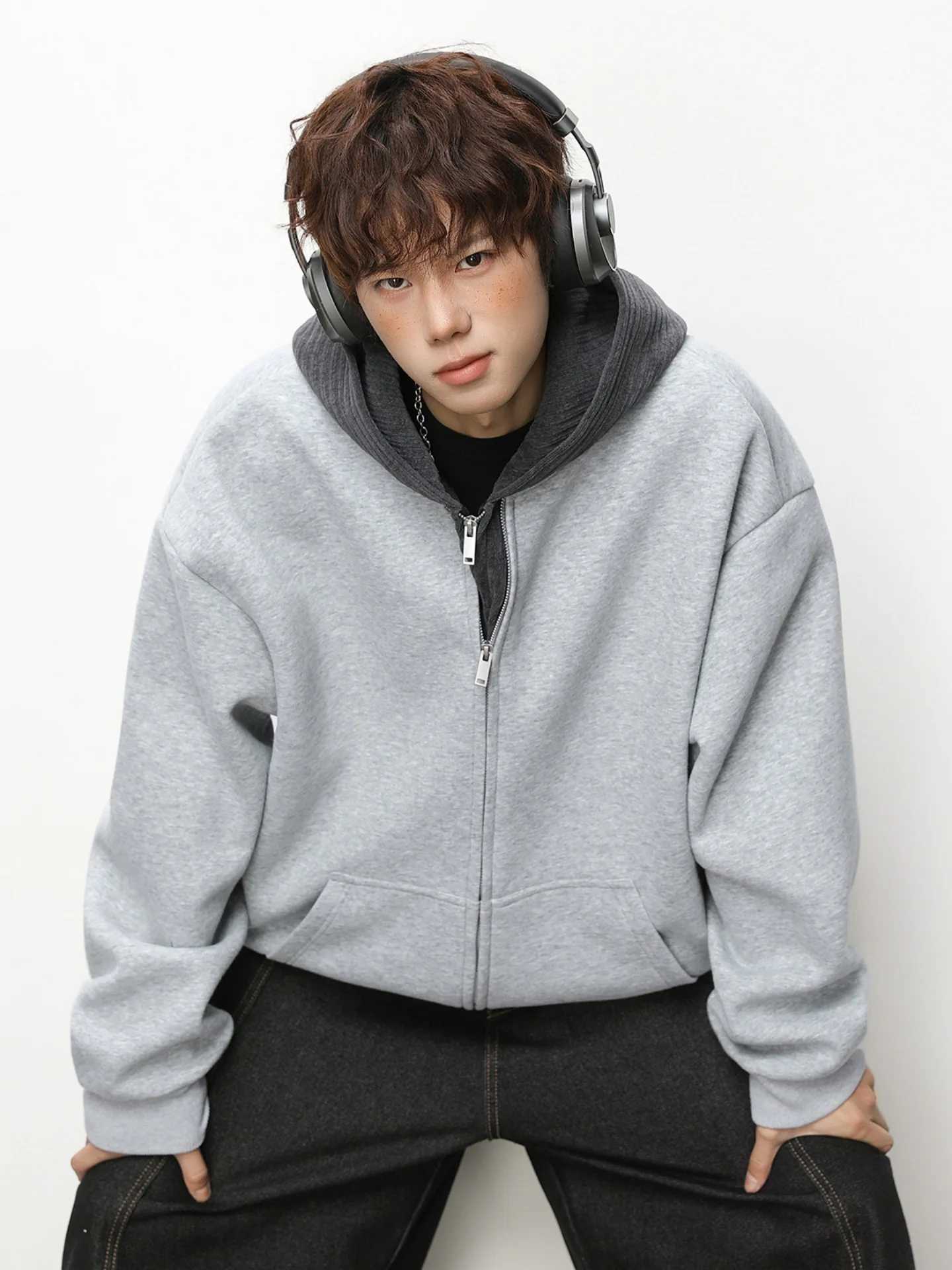 Heavyweight Textured Knit Patchwork Fake Two-Piece Cardigan Hooded Sweatshirt for Men Versatile Casual Outerwear M260312