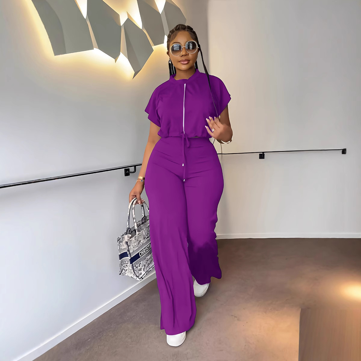 Womens Summer Drawstring Short Top and High-Waisted Slit Pants Two-Piece Set