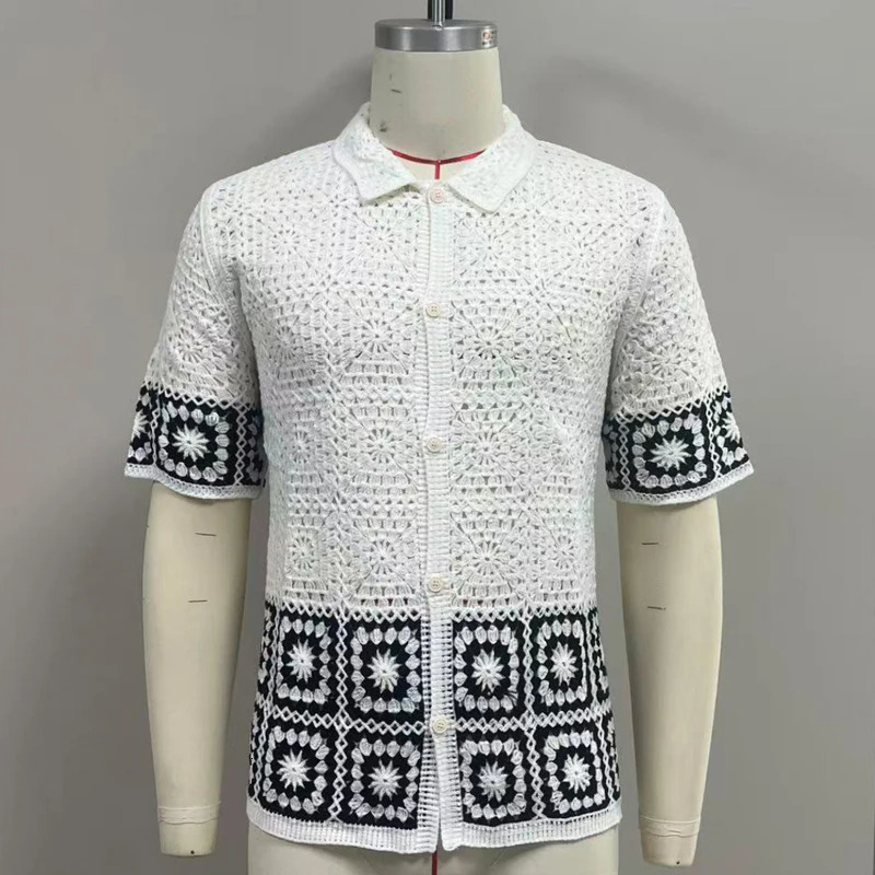 Retro Mens Summer Crochet Short Sleeve Shirts Fashion Hollow Out Knitted Polo Shirts High Quality Jacquard Cardigan Tops SY0069 260311