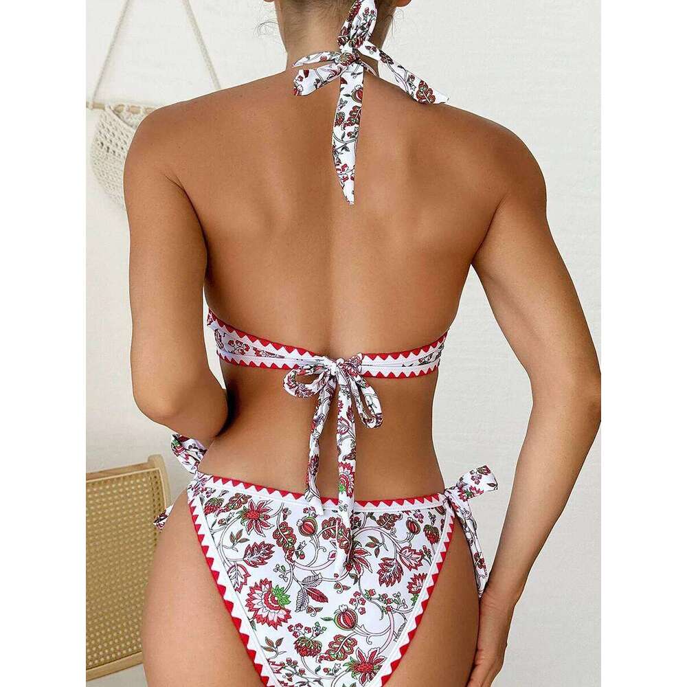 2025 Halter String Ring Link Bikini Women Printed Swimwear Female Floral Swimsuit Bathers Bathing Swimming Suit Beachwear Summer Y260303