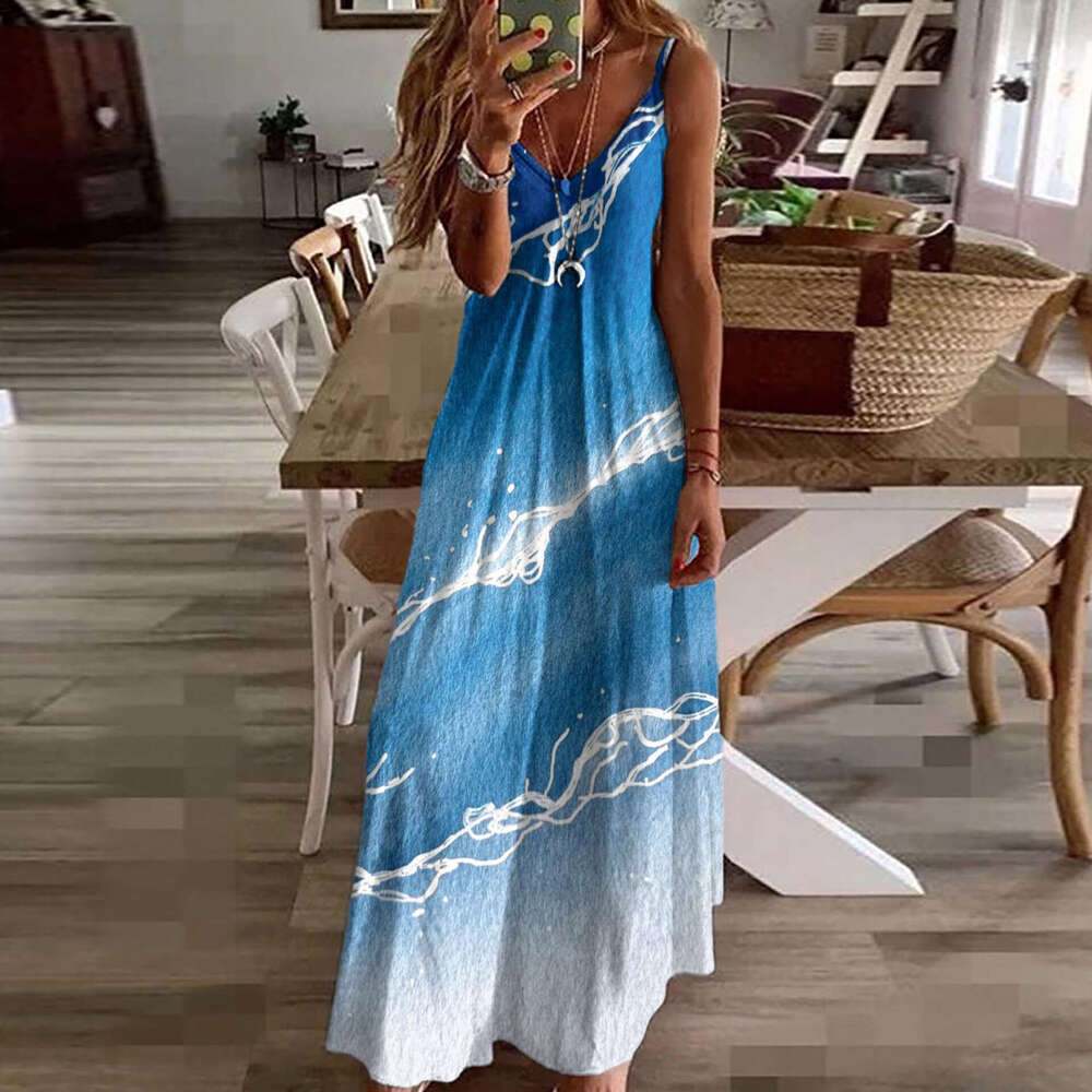 Cross-border European and American 3D digital print ocean-themed floral feather high-end women's pullover V-neck strap dress
