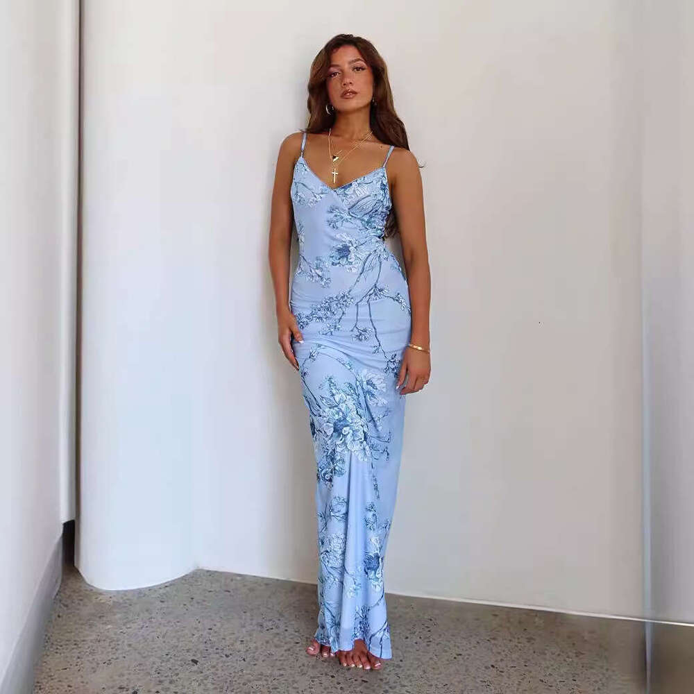 S32138 European and American New Long Vacation Style Elegant Slim Fit Printed Design Camisole Dress Women's Clothing