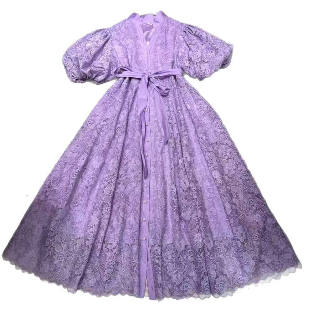2026 new European and a22 American niche retro palace style goddess simple solid color lantern sleeves loose lace up cardigan long skirt