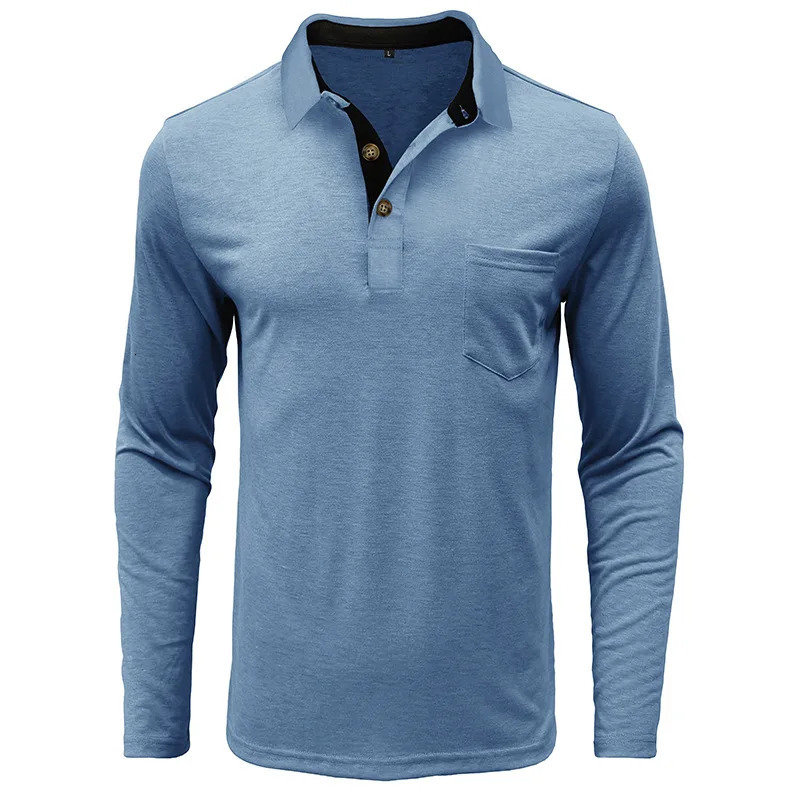 Spring Trend Mens Long Sleeve Casual Tshirt Solid Lapel Button Up Pullover Tops Autumn Turn Down Collar Bottoming Polo Shirt 260311