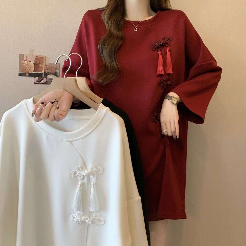 Heavy-Duty Chinese-Style Buttoned Slit Short-Sleeve T-Shirt For Women, 2025 Summer New Style, Loose Fit, Slimming, Extra Large Size 150Kg Top Asia Siz