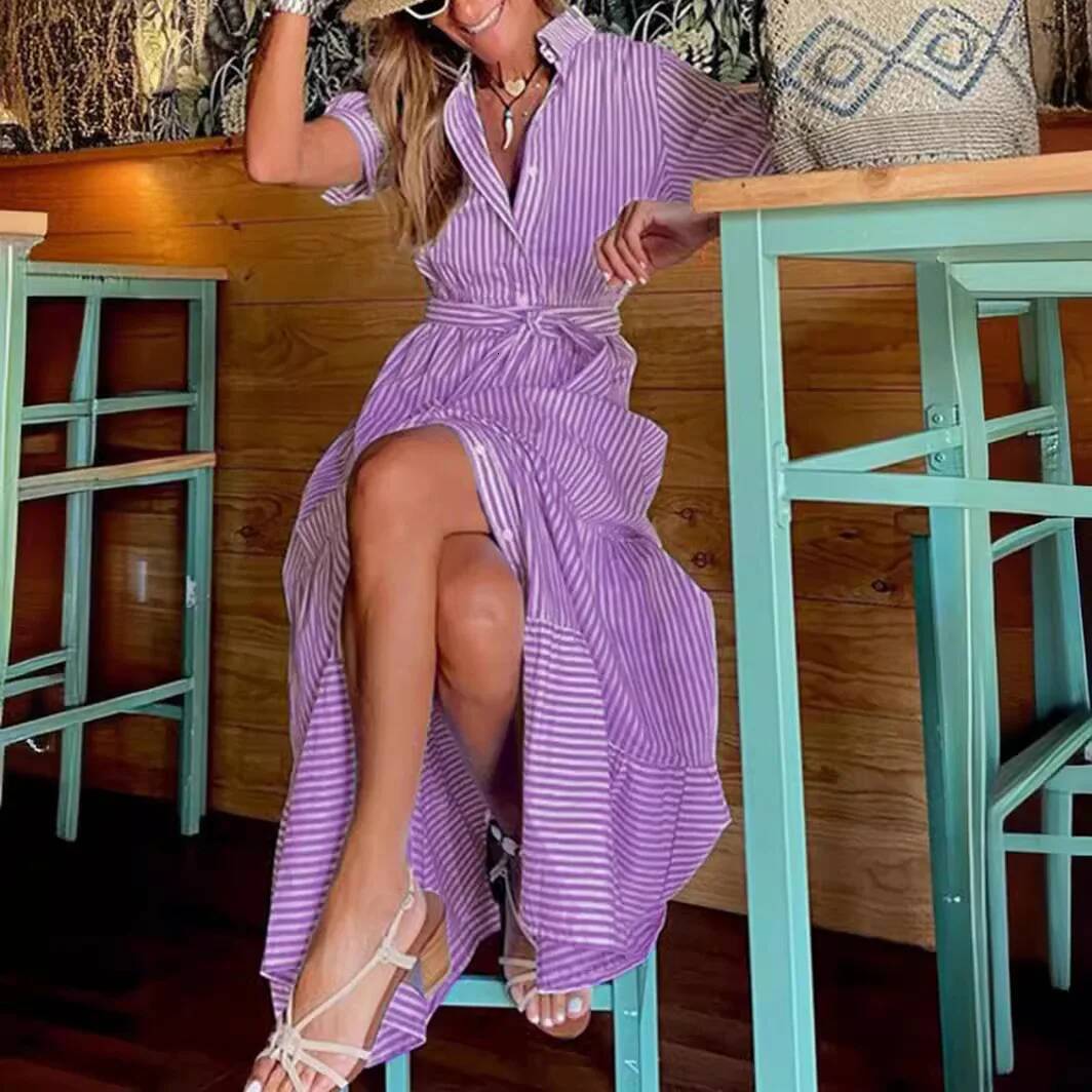 New Fashion Striped Short-sleeved Loose Medium And Long Dress