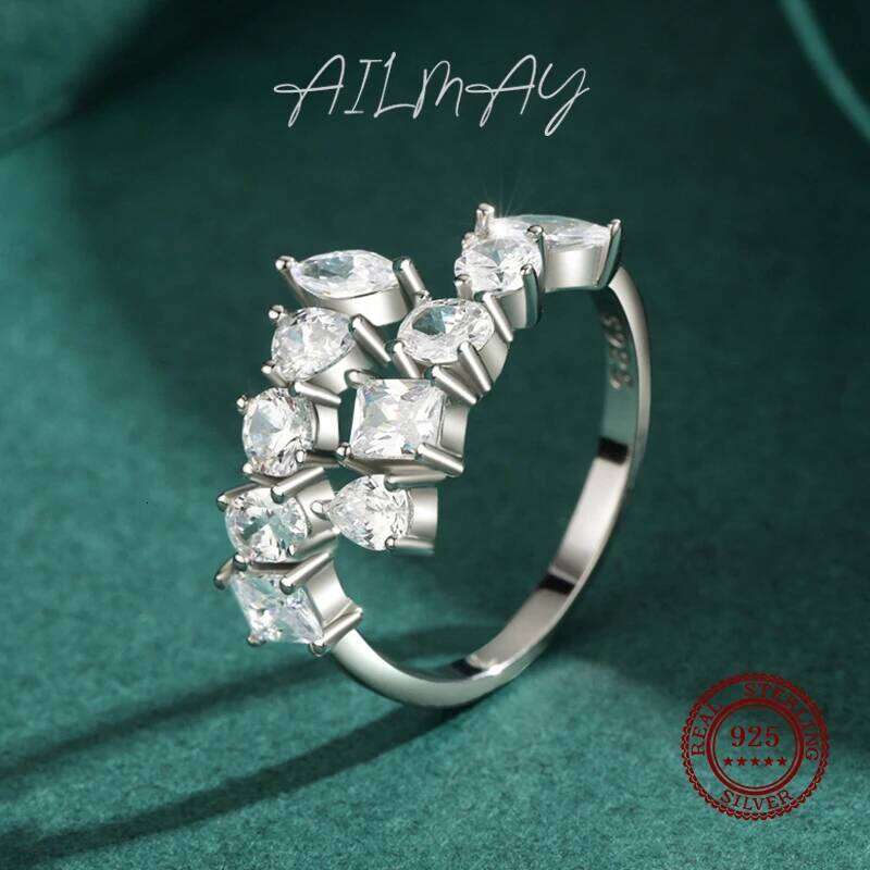 Ailmay Fashion 925 Sterling Silver Dazzling Geometric Clear Zircon Adjustable Rings For Women Classic Luxury Wedding Jewelry H260312