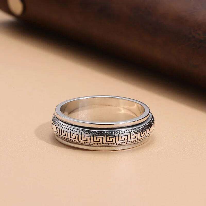 Real S999 Sterling Silver Vintafe Great Wall Pattern Double Layer Rotatable Closed Rings For Man Woman Lucky Jewelry Gift H260312