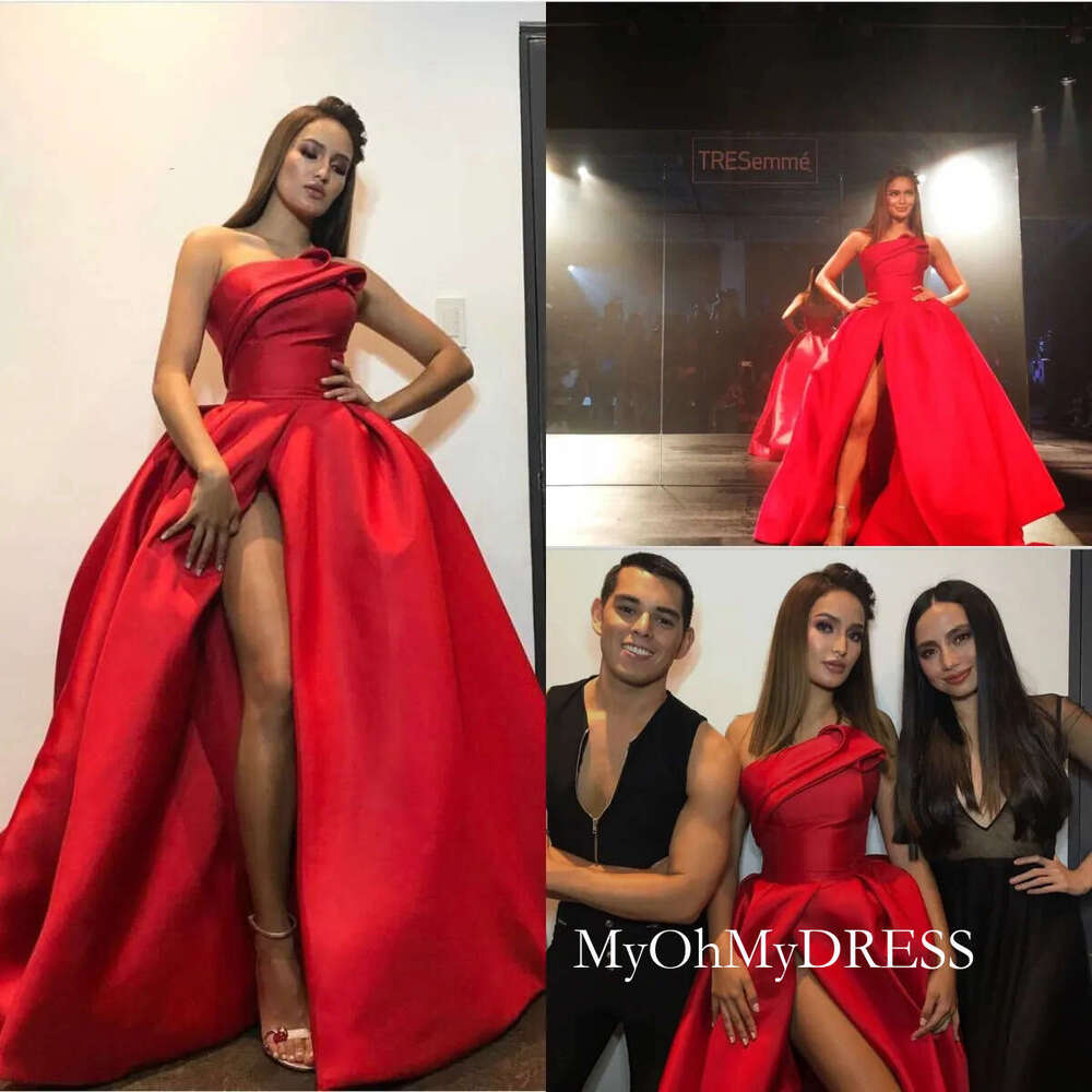 Red Plus Size Guest Dress Sexy Strapless Dresses Evening Wear Side Split Long 2019 Prom Gowns D0311