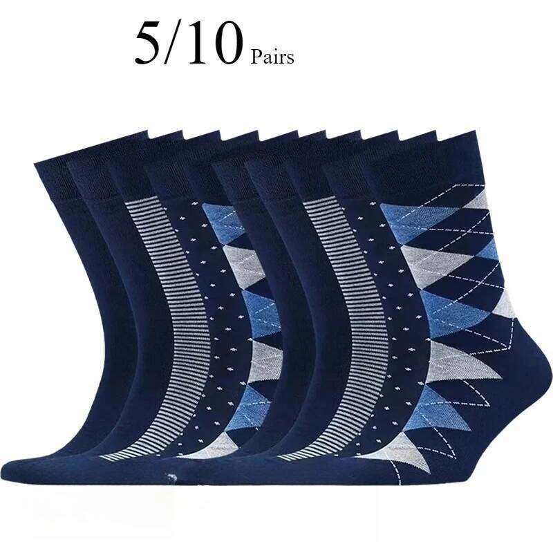 5/10 Pairs Men's Rhombus Blue Business Mid Tube Anti Odor Sweat Absorbing Comfortable Breathable All Season Casual Socks Z260312