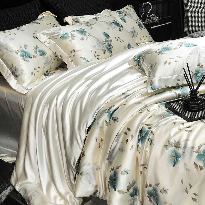 High End Mulberry Silk Bedding Set Floral Printed Luxury Satin Duvet Cover Set with Sheets and 2 Pillowcases King Queen SizeT260312 - view 3