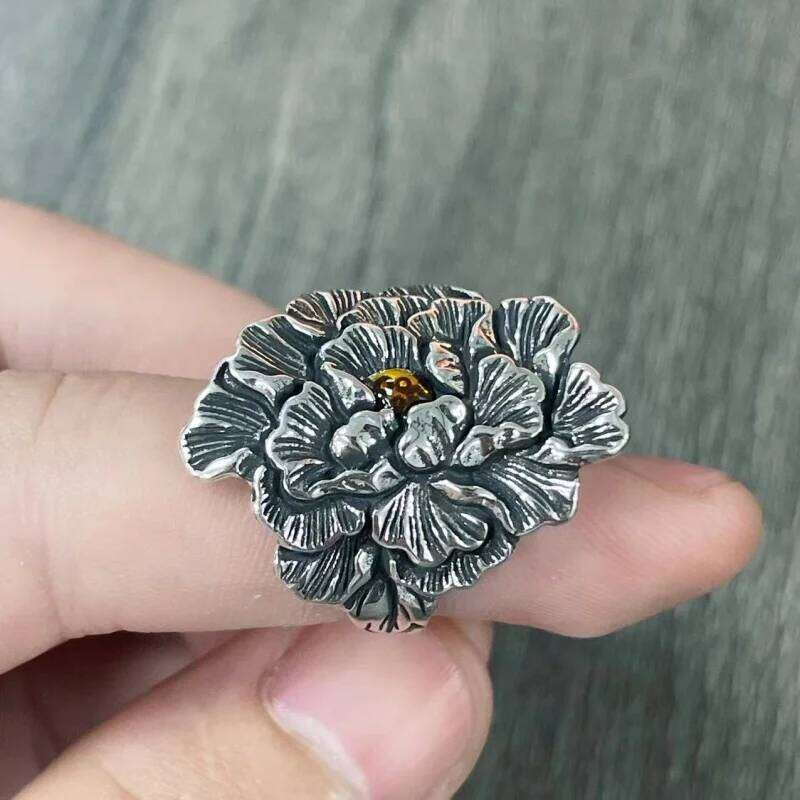 Buyee 925 Sterling Silver Big Finger Excellent Peony Flower Open Ring for Woman Fashion Exaggeration Fine Jewelry Circle H260312