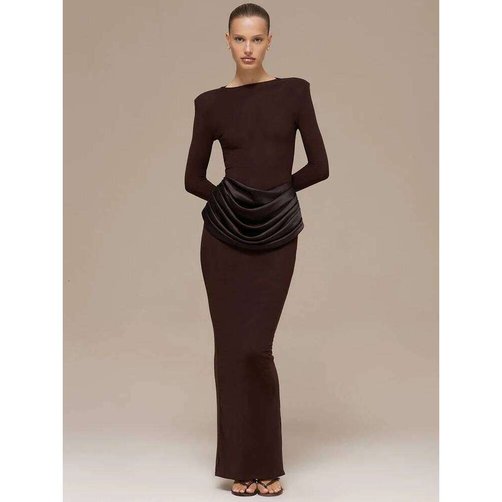 Mozision Sleeve High Waist Ruched Sexy Maxi Dress Women Gown Elegant O Neck Bodycon Club Party Split Long Dresses Female C260312